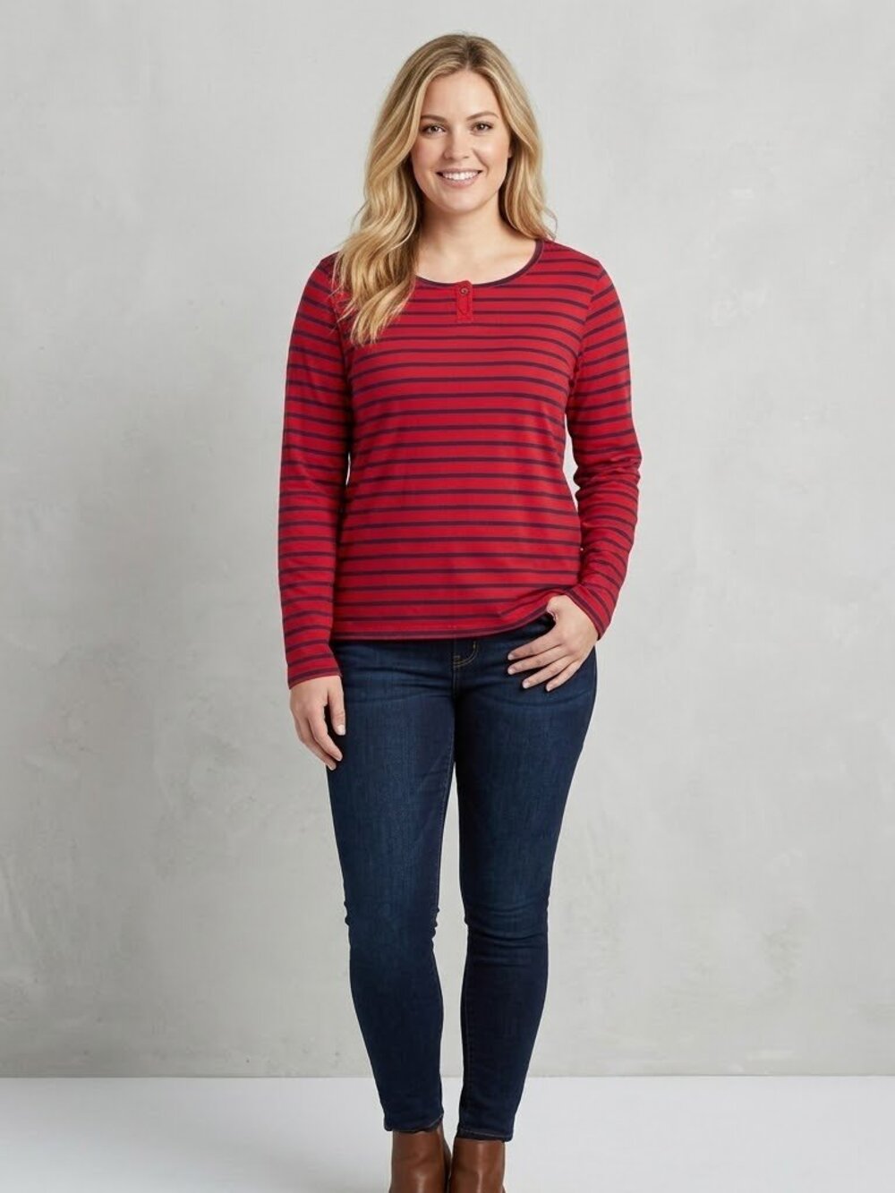 Croft & Barrow Red Navy Striped Henley Top Long Sleeve Cotton Blend Shirt L